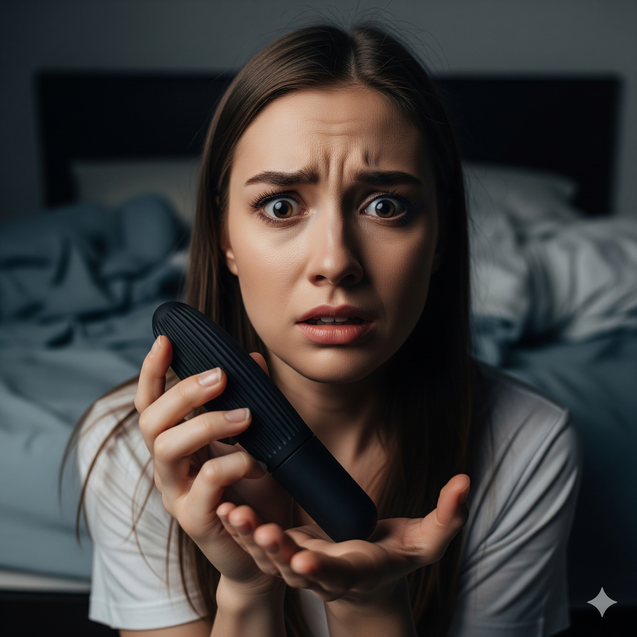 Woman holding a black object in a dimly lit room