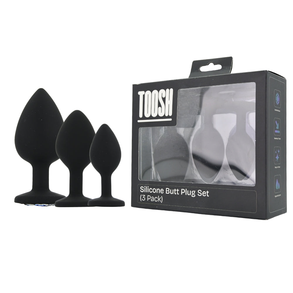 Toosh Silicone Butt Plug Black Set of 3 Clear Stone